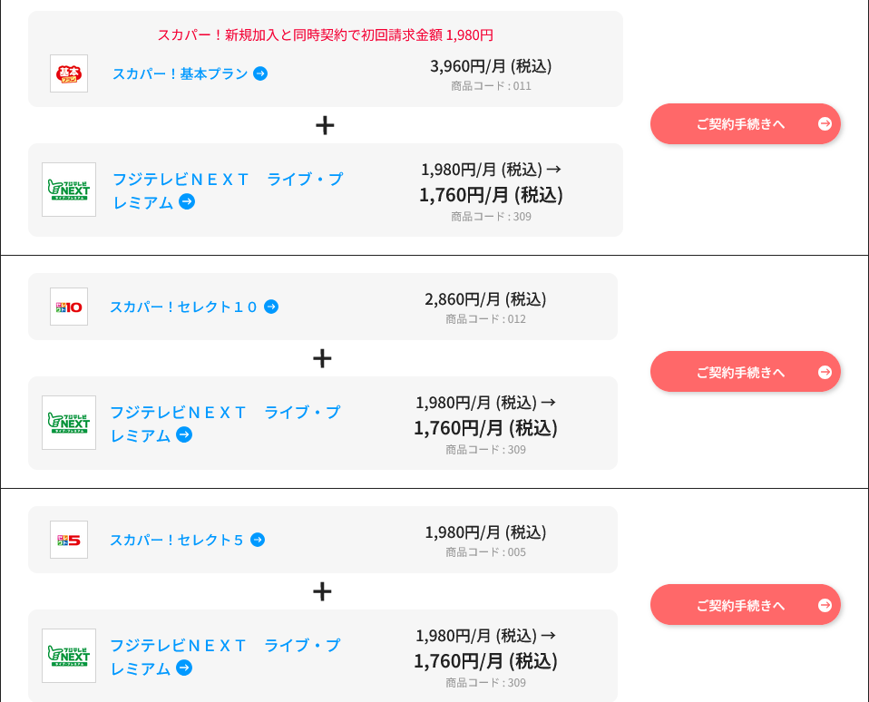 他商品（スカパー！基本プラン、セレクト10、セレクト5）との組み合わせ割引